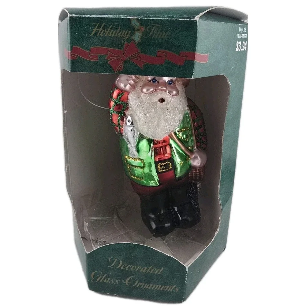 VTG 1990's Holiday Time‎ Ornament Fisherman Fishing Santa Glass Hand Painted